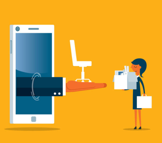 Big hand from smart phone giving office chair