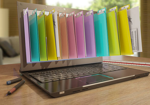 file in database - laptop with folders, 3d rendering